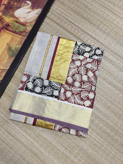 Premium gold tissue saree with maroon borders, hand block prints, and a fully printed blouse