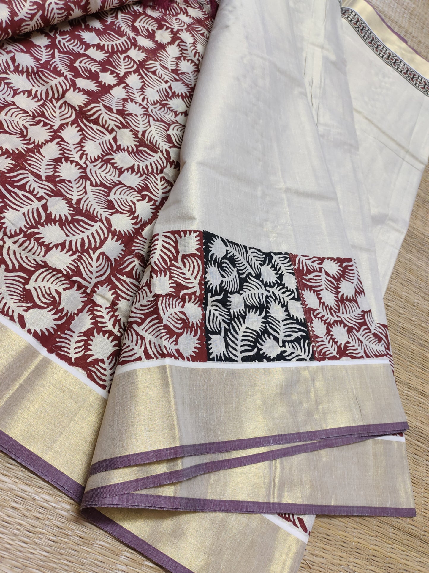 Premium gold tissue saree with maroon borders, hand block prints, and a fully printed blouse