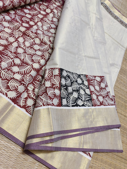 Premium gold tissue saree with maroon borders, hand block prints, and a fully printed blouse