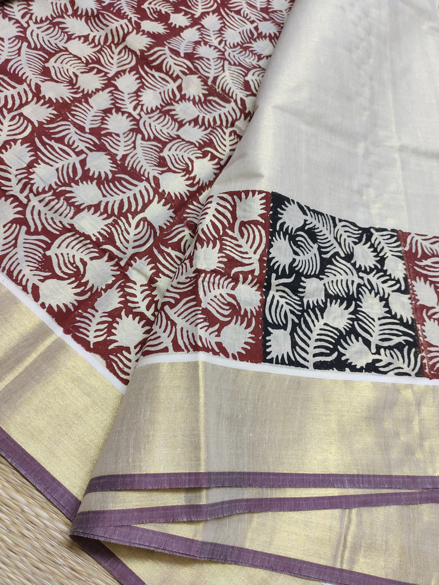 Premium gold tissue saree with maroon borders, hand block prints, and a fully printed blouse
