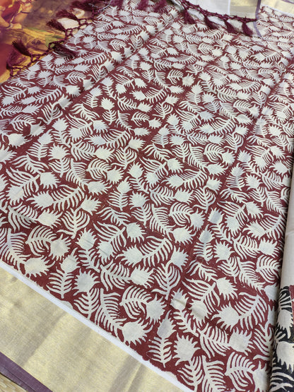 Premium gold tissue saree with maroon borders, hand block prints, and a fully printed blouse