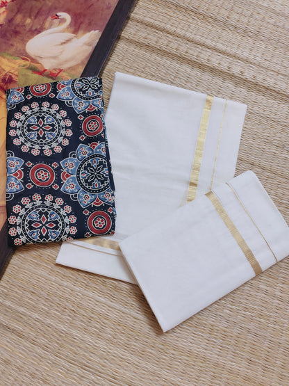 Premium Cotton  Puliyilakkara Set Mundu with a Premium Cotton Ajrakh blouse (2.80m).