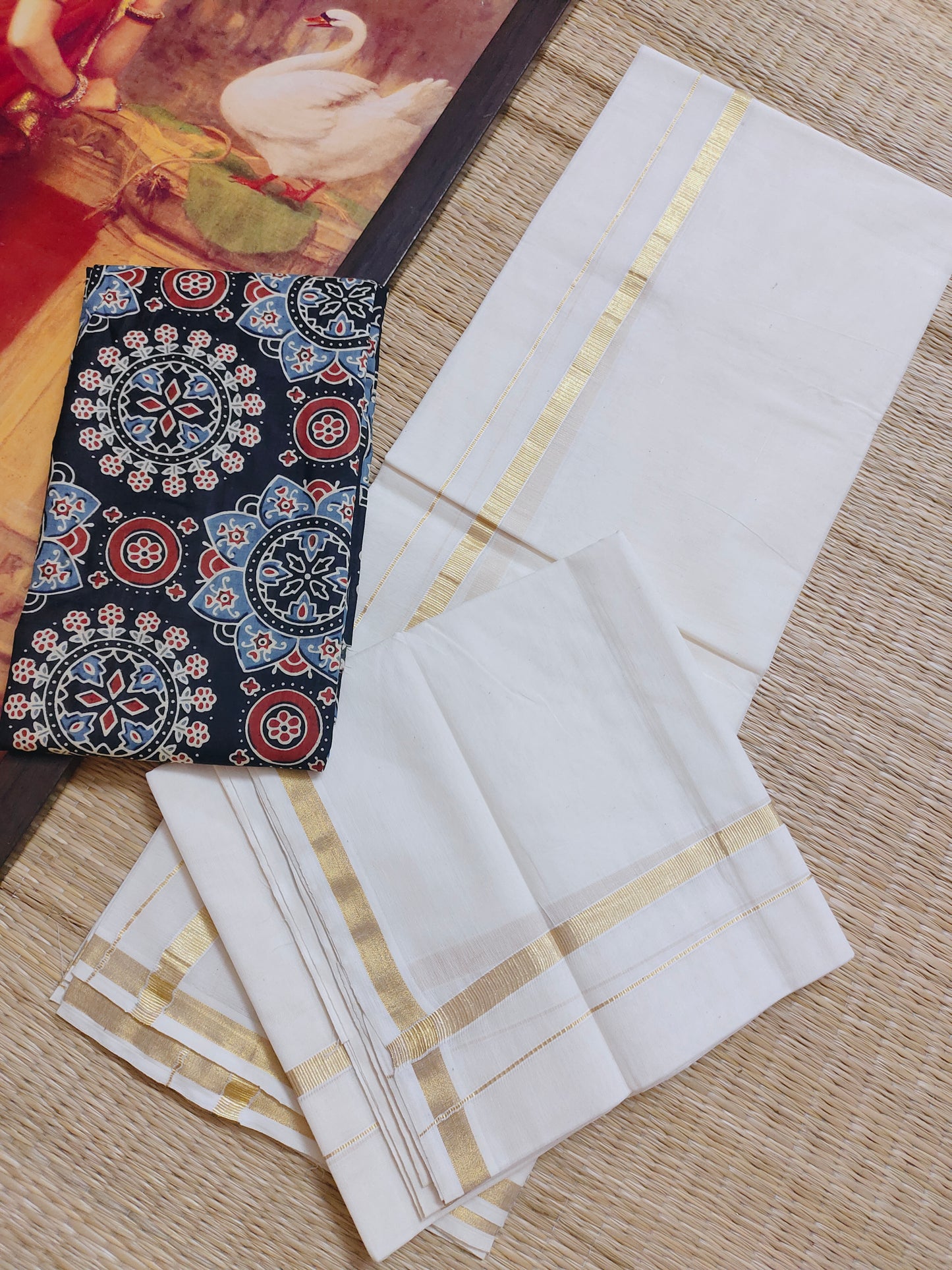 Premium Cotton  Puliyilakkara Set Mundu with a Premium Cotton Ajrakh blouse (2.80m).