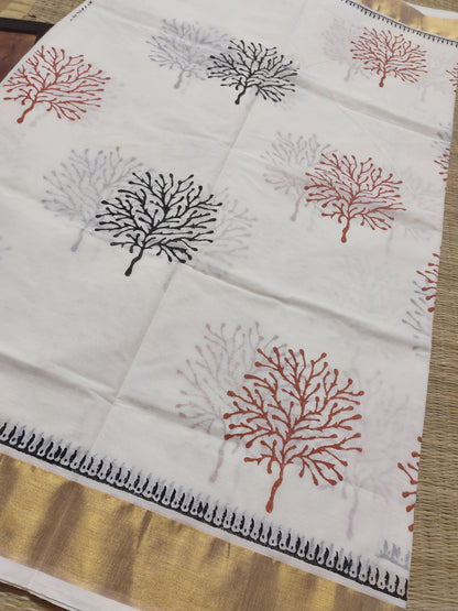 Hand block printed pure cotton saree with bold prints