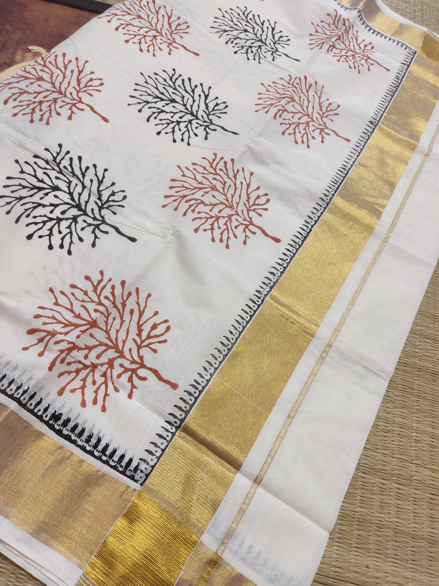 Hand block printed pure cotton saree with bold prints