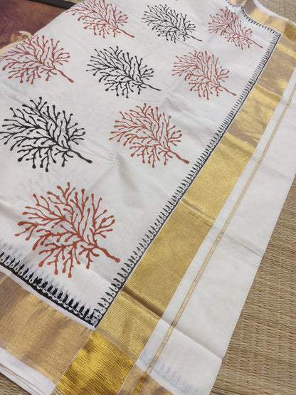 Hand block printed pure cotton saree with bold prints