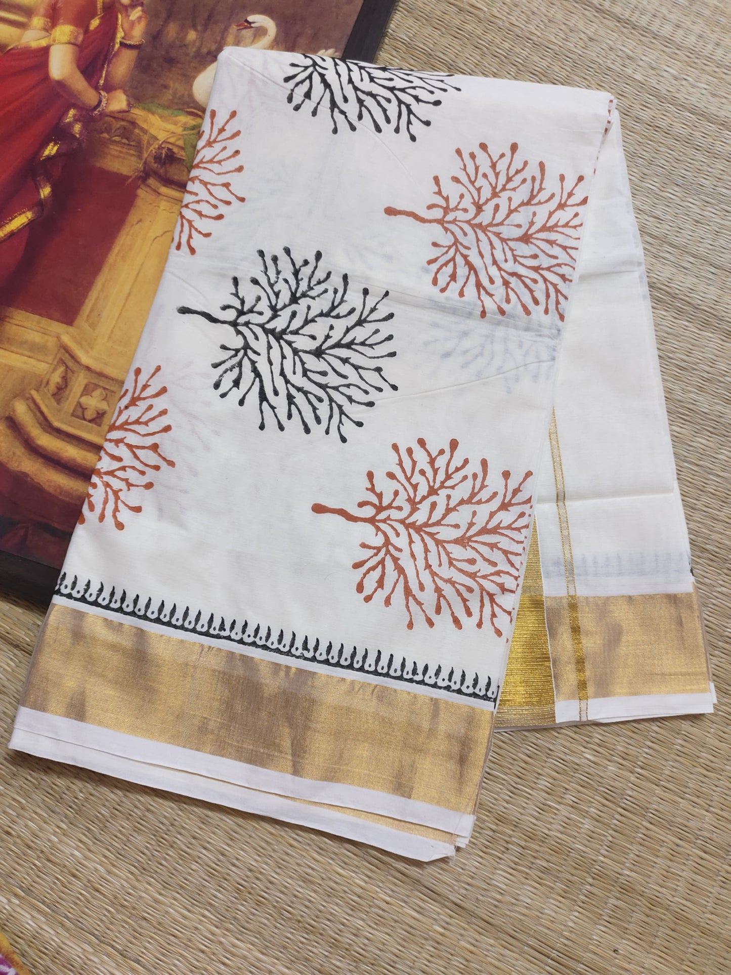 Hand block printed pure cotton saree with bold prints