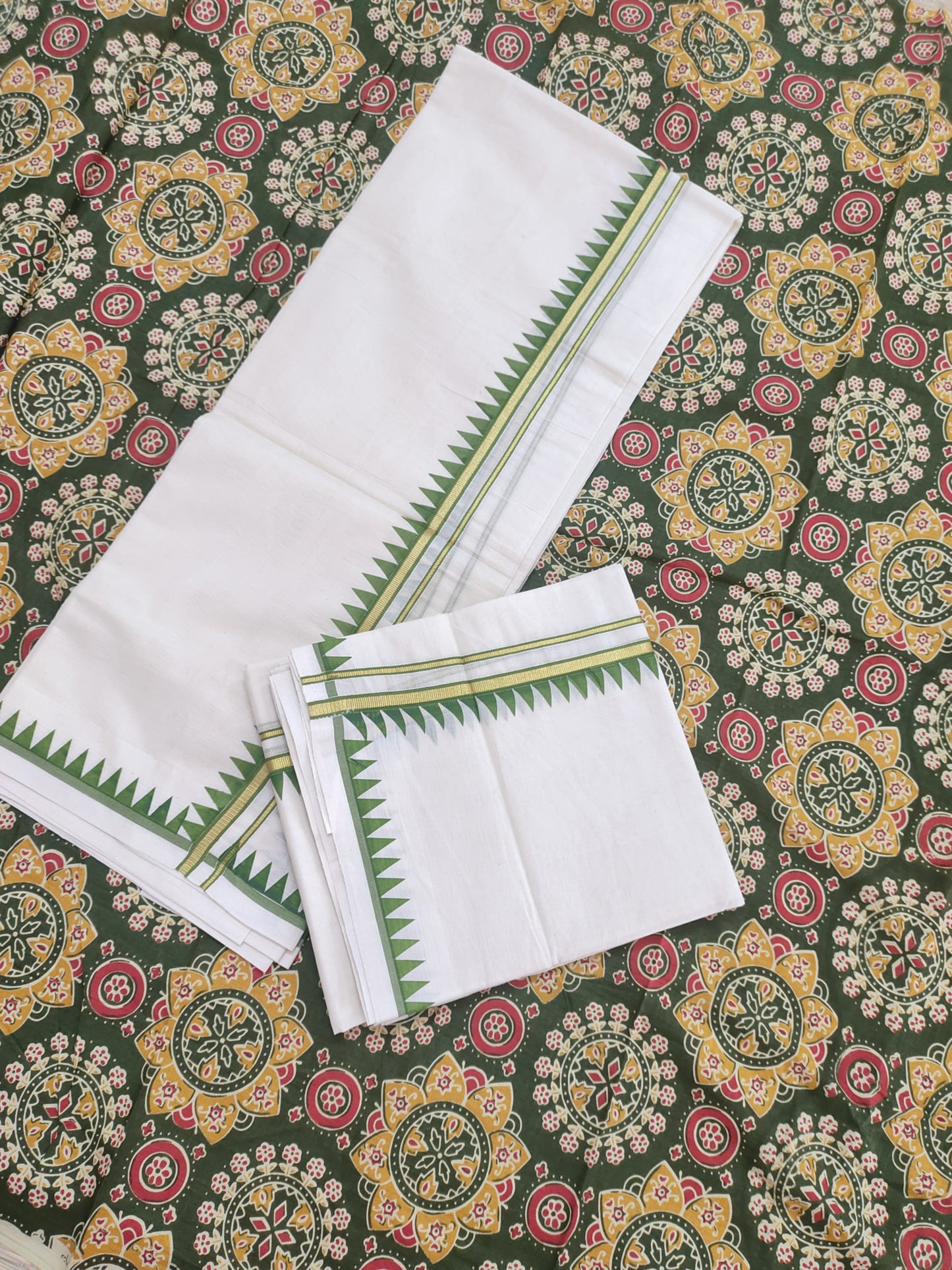 Cotton Puliyilakara Set Mundu With Temple Prints And Premium Ajrakh Blouse.
