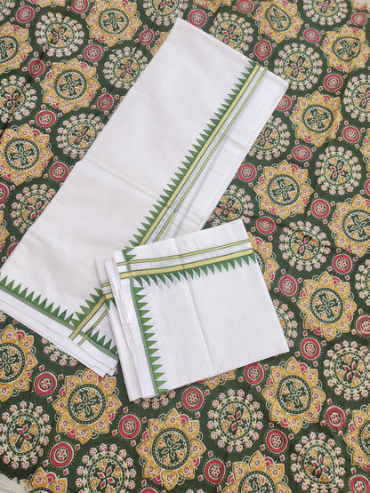 Cotton Puliyilakara Set Mundu With Temple Prints And Premium Ajrakh Blouse.