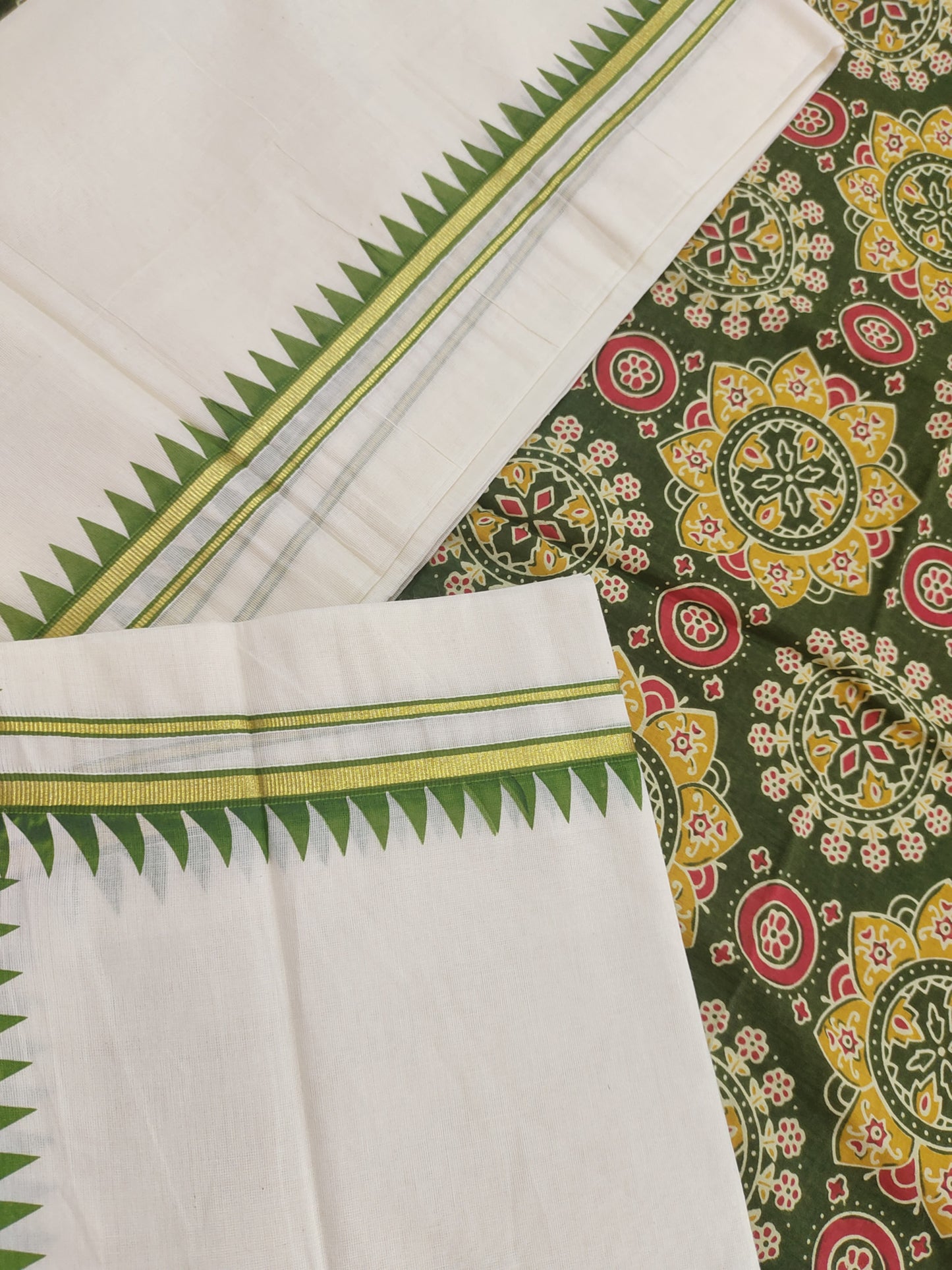 Cotton Puliyilakara Set Mundu With Temple Prints And Premium Ajrakh Blouse.