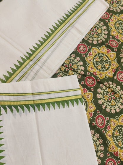 Cotton Puliyilakara Set Mundu With Temple Prints And Premium Ajrakh Blouse.