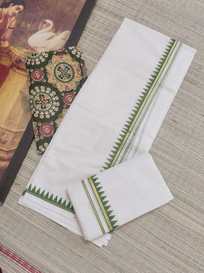 Cotton Puliyilakara Set Mundu With Temple Prints And Premium Ajrakh Blouse.