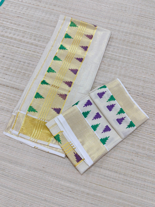 Golden tissue Kerala Set Mundu with printed temple borders (2.80m)