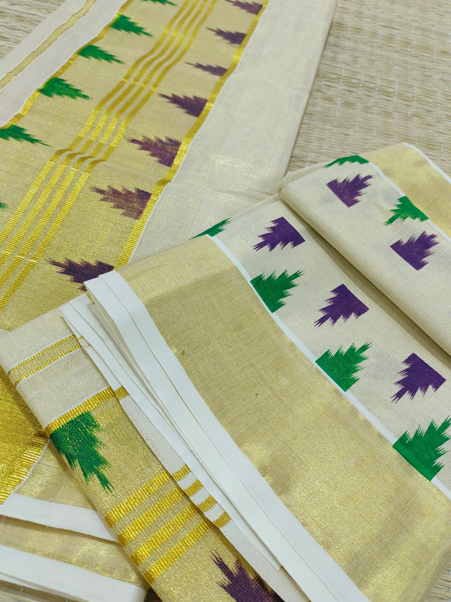 Golden tissue Kerala Set Mundu with printed temple borders (2.80m)
