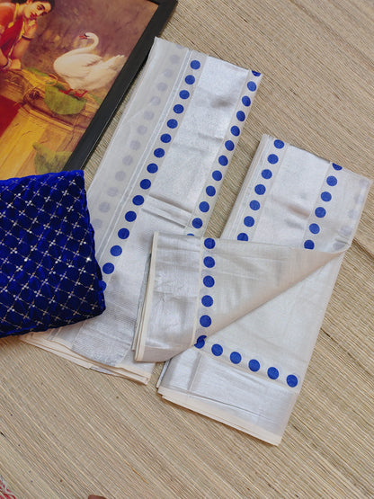Silver tissue Kerala Set Mundu with blue polka prints and a premium sequence work velvet blouse (2.80m).