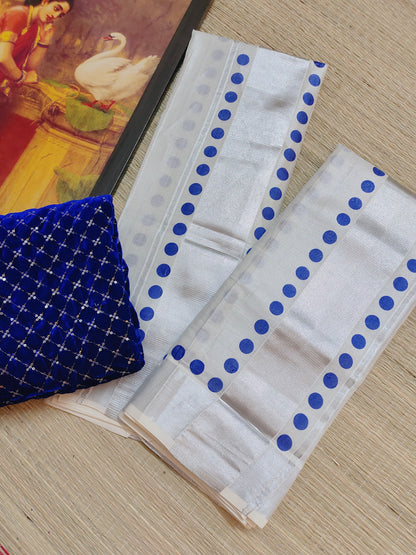 Silver tissue Kerala Set Mundu with blue polka prints and a premium sequence work velvet blouse (2.80m).