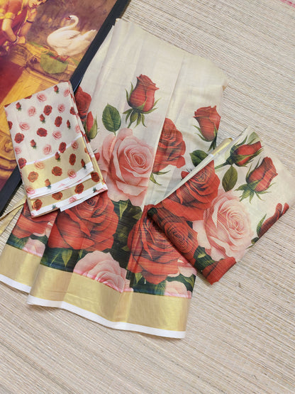 Tissue Dhavani set with red rose printed stitched skirt and matching unstitched blouse.