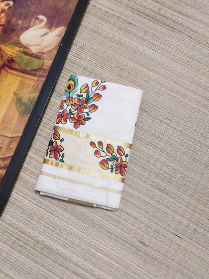 Pure cotton saree with floral prints and a plain running blouse