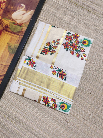Pure cotton saree with floral prints and a plain running blouse