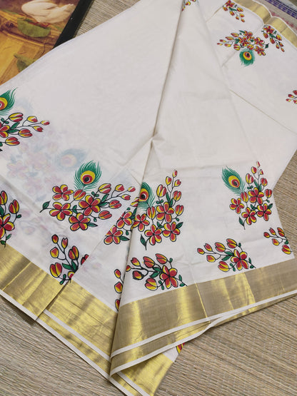 Pure cotton saree with floral prints and a plain running blouse