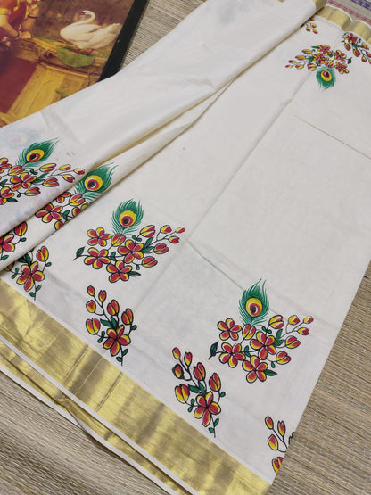 Pure cotton saree with floral prints and a plain running blouse