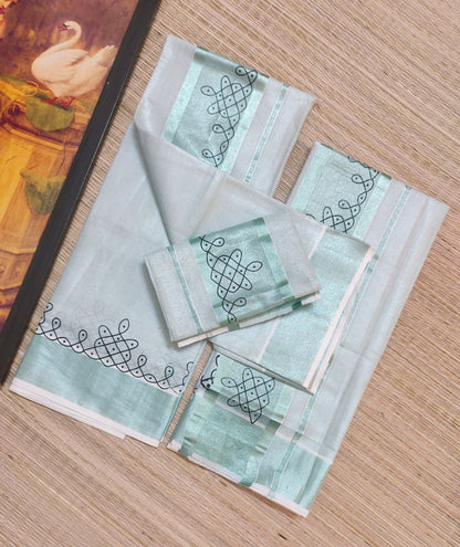 Green tissue Kerala Set Mundu with Kolam prints and matching printed blouse (2.80m).