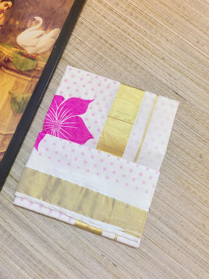 Premium cotton Kerala saree with trending floral prints and premium zari