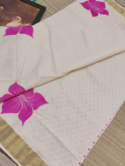 Premium cotton Kerala saree with trending floral prints and premium zari