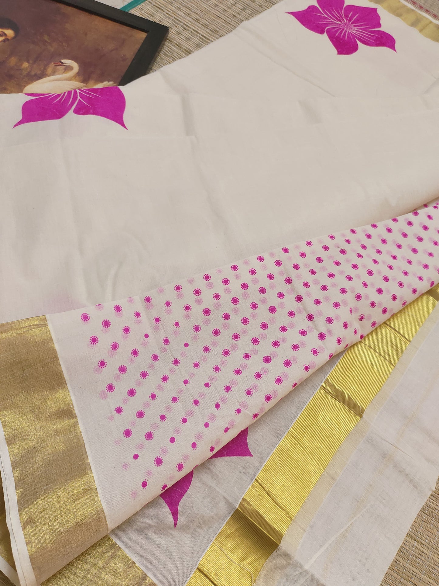Premium cotton Kerala saree with trending floral prints and premium zari