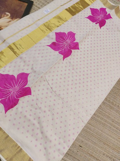 Premium cotton Kerala saree with trending floral prints and premium zari