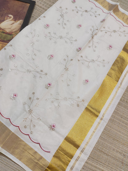 Pure cotton antique zari embroidery saree with running blouse