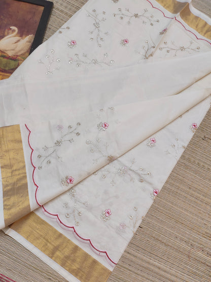 Pure cotton antique zari embroidery saree with running blouse