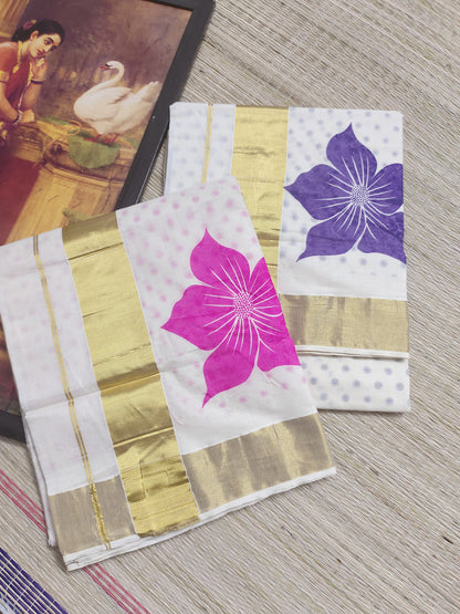 Premium cotton Kerala saree with trending floral prints and premium zari