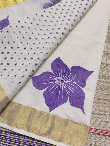 Premium cotton Kerala saree with trending floral prints and premium zari