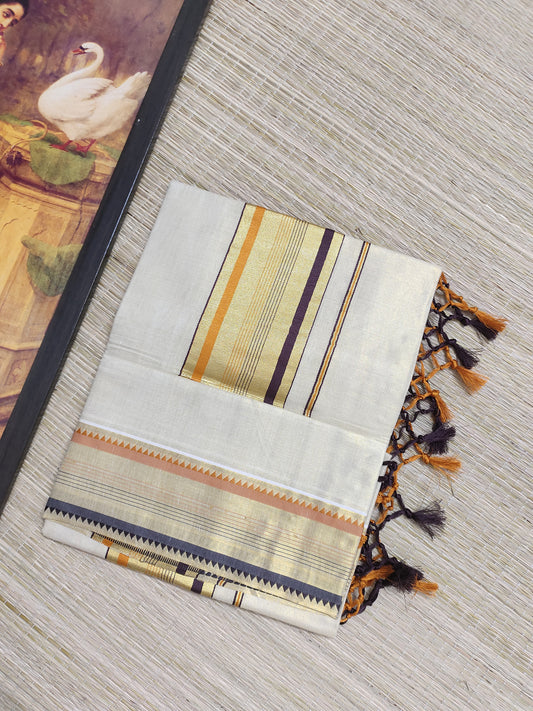 Tissue saree featuring an orange and purple kasavu