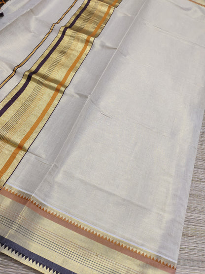 Tissue saree featuring an orange and purple kasavu