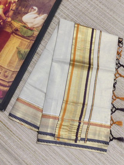 Tissue saree featuring an orange and purple kasavu