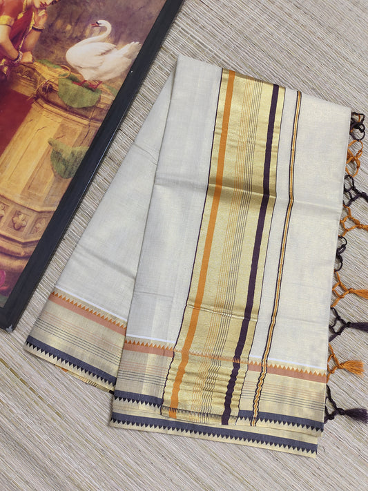 Tissue saree featuring an orange and purple kasavu