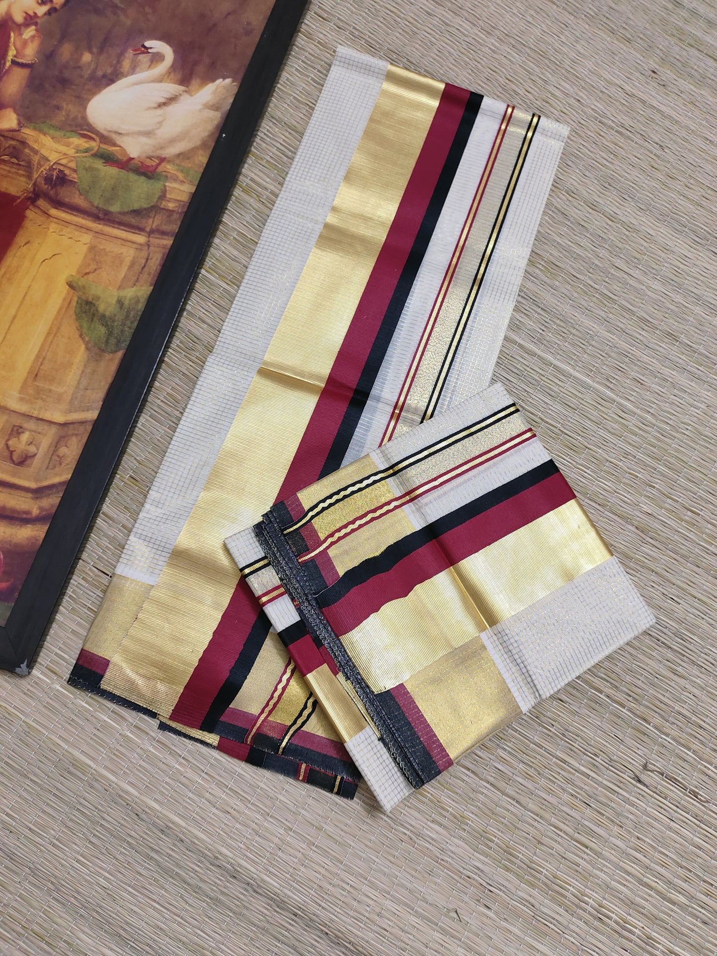 Premium Kasavu and Kara Kerala Set Mundu with premium zari in  micro checks (2.80m).