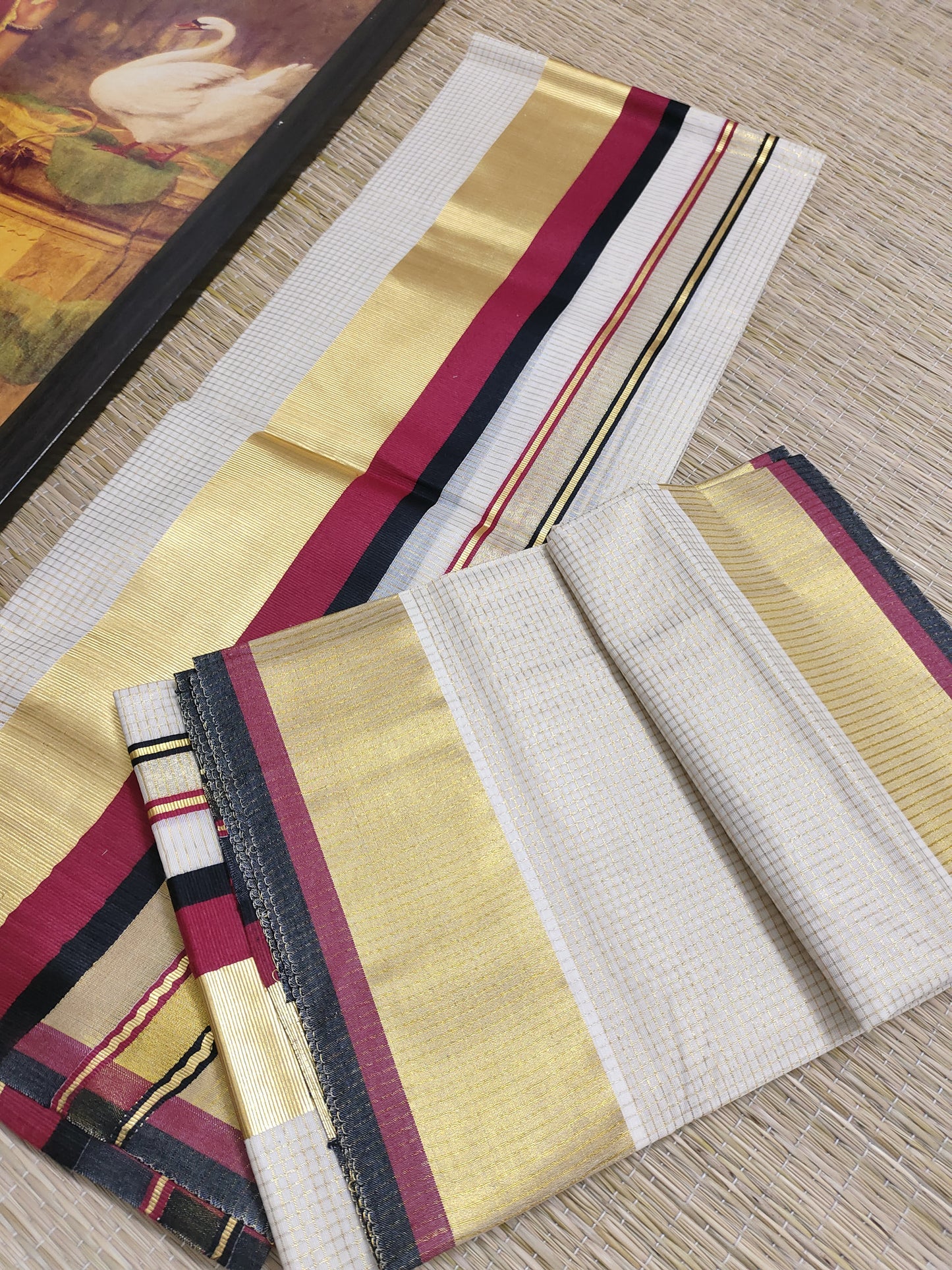 Premium Kasavu and Kara Kerala Set Mundu with premium zari in  micro checks (2.80m).