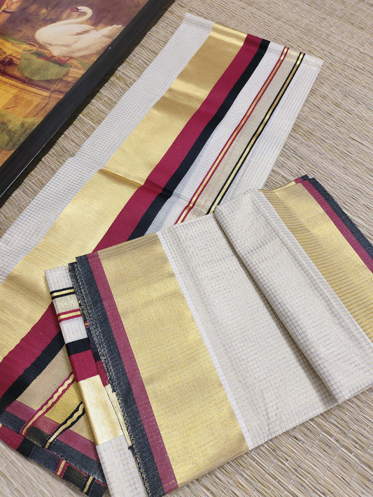 Premium Kasavu and Kara Kerala Set Mundu with premium zari in  micro checks (2.80m).