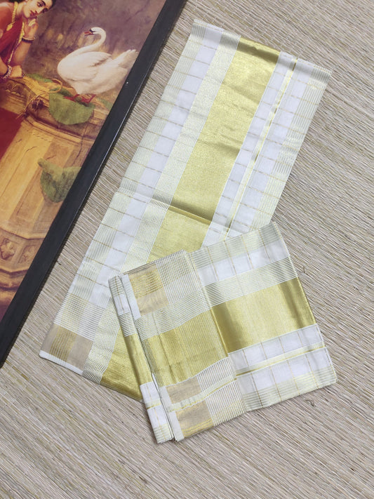 Pure cotton Kerala Set Mundu with fine woven zari all-over checks (2.80m).