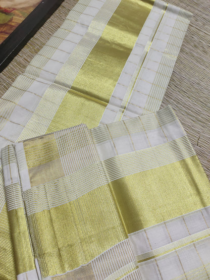 Pure cotton Kerala Set Mundu with fine woven zari all-over checks (2.80m).