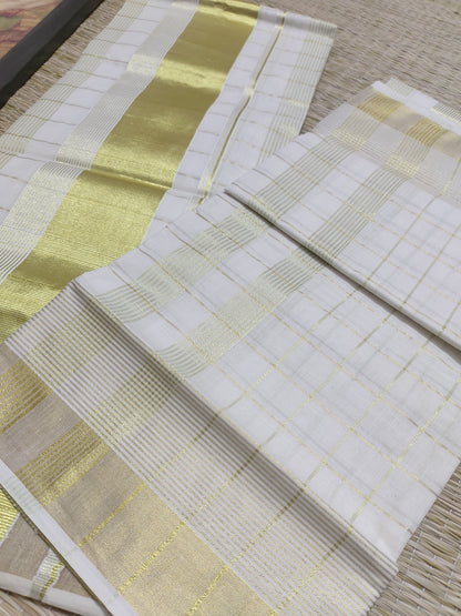 Pure cotton Kerala Set Mundu with fine woven zari all-over checks (2.80m).