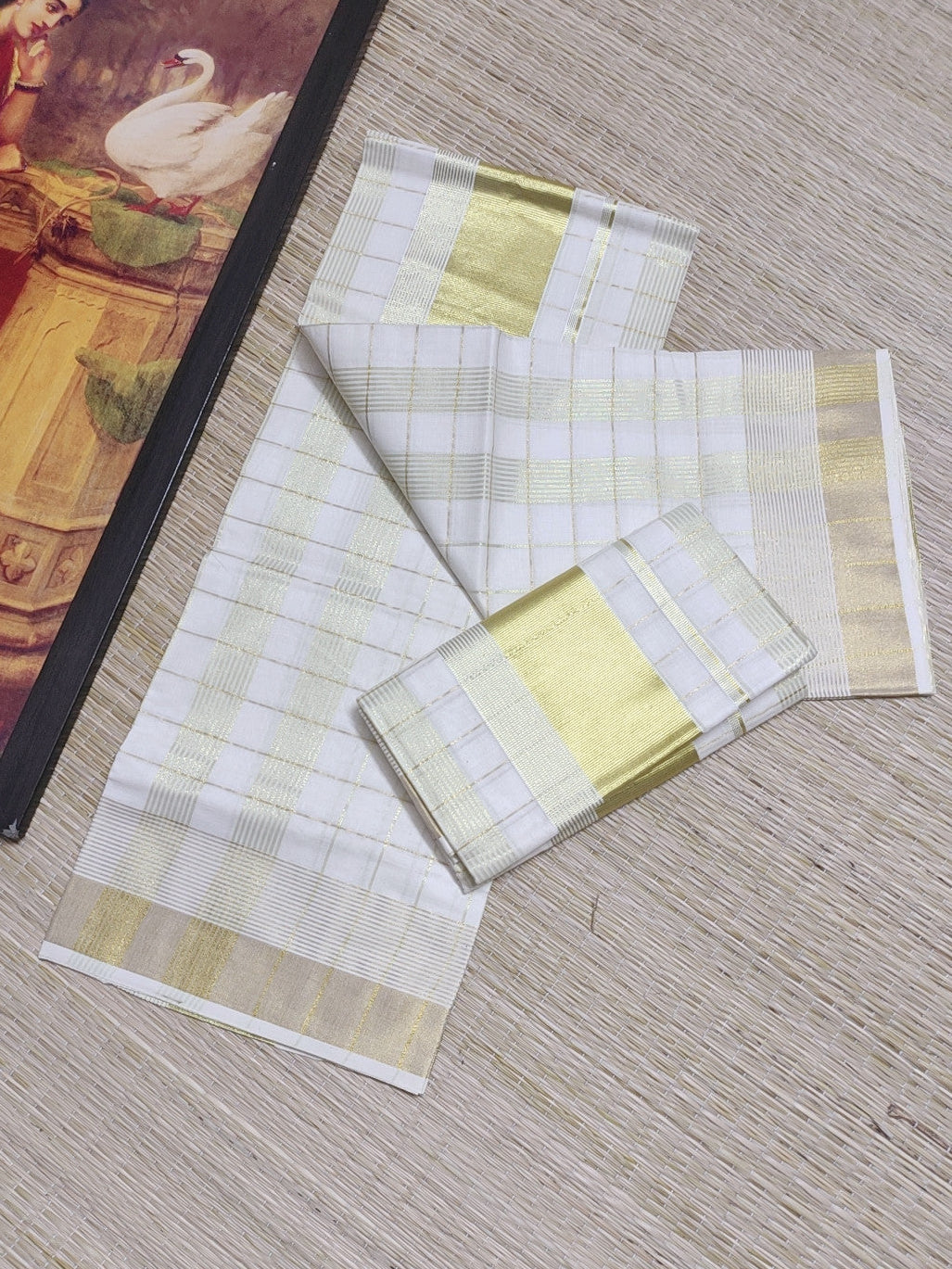 Pure cotton Kerala Set Mundu with fine woven zari all-over checks (2.80m).