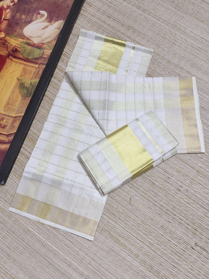Pure cotton Kerala Set Mundu with fine woven zari all-over checks (2.80m).
