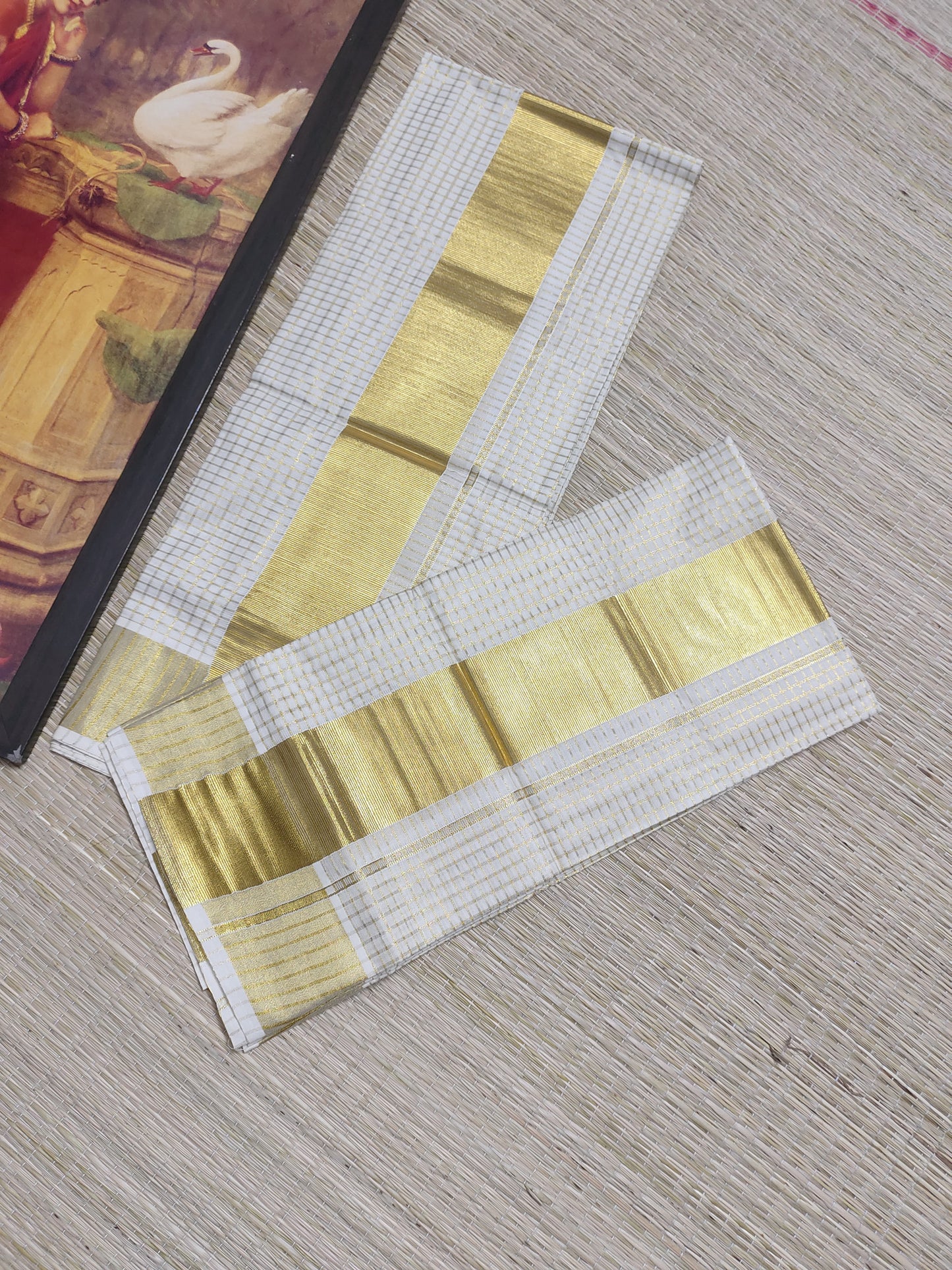 Pure cotton Kerala Set Mundu featuring all-over micro checks