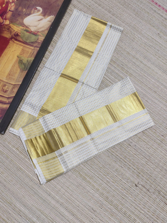 Pure cotton Kerala Set Mundu featuring all-over micro checks