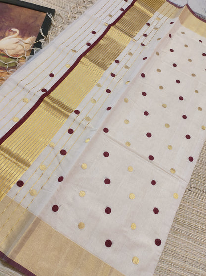 Kuthampully Premium tissue handloom saree with all-over  polka weave