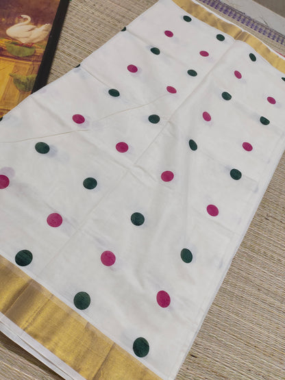 Trending Polka Dots on Premium Kerala Kasavu  Saree- WITH SATIN BLOUSE (1 MTR)